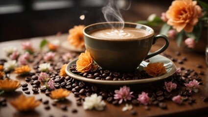 예쁜 꽃과 함께하는 따뜻한 커피 한잔, 생성형 AI - obrazy, fototapety, plakaty
