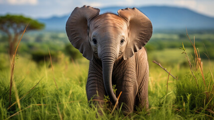 Baby elephant in lush green grasslands looking at camera