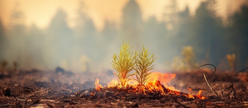 Burning young pine in forest fire - visualizing wildfires or prescribed burning.