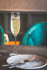 a glass of sparkling wine prosecco served in a tall flute glass