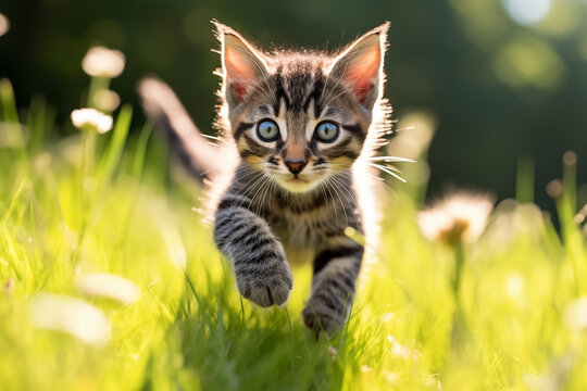 a kitten running in the grass