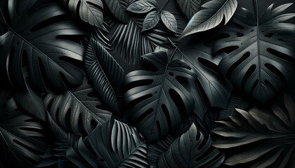 abstract black leaves, creating a tropical leaf pattern. The leaves are arranged in a flat lay...