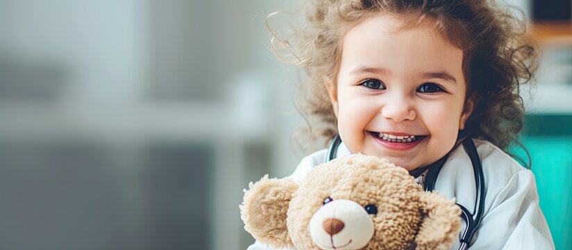 Doctor embracing joyful child with stuffed animal in hospital