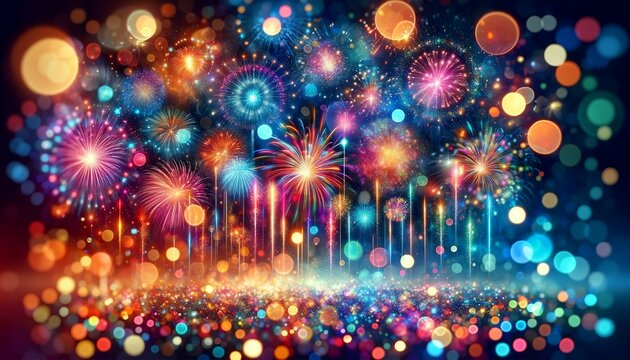 dazzling New Year's Eve background with a multitude of colorful fireworks and bokeh effects. The image should showcase a dynamic and vibrant array 