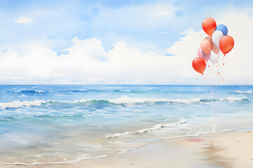 Colorful balloons on the beach against sky and sea background with clouds