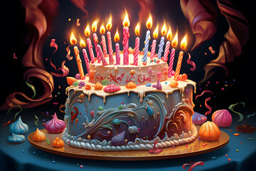 Birthday cake with candles on black background, vector eps10