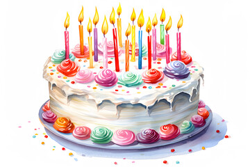 Illustration of a birthday cake with candles on a white background.