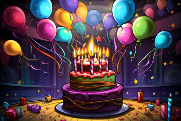 Birthday cake with colorful balloons and confetti, 3d illustration