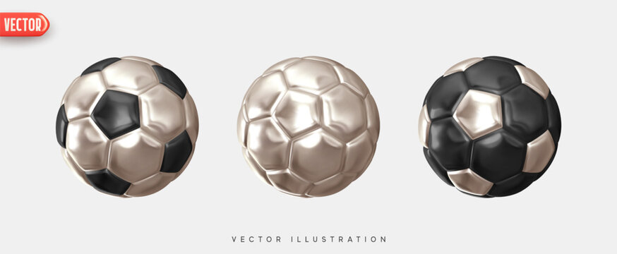 Soccer ball. Football balls Set realistic 3d design style. Leather texture silver and black color. Mockup of sports elements isolated on white background. vector illustration