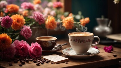 Obraz na płótnie Canvas 화사한 꽃과 감미로운 커피, 생성형ai