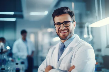 Stoff pro Meter young man scientist wearing white coat and glasses  with team of specialists on background © Kien