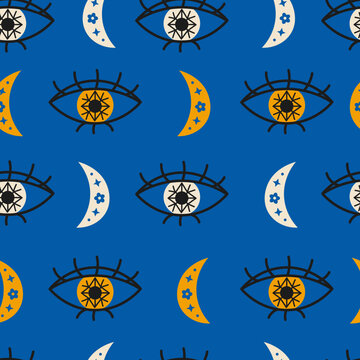 Sacred eye seamless pattern with crescent. Magical mystical repeat vector illustration with celestial elements on blue background with stars and flowers.