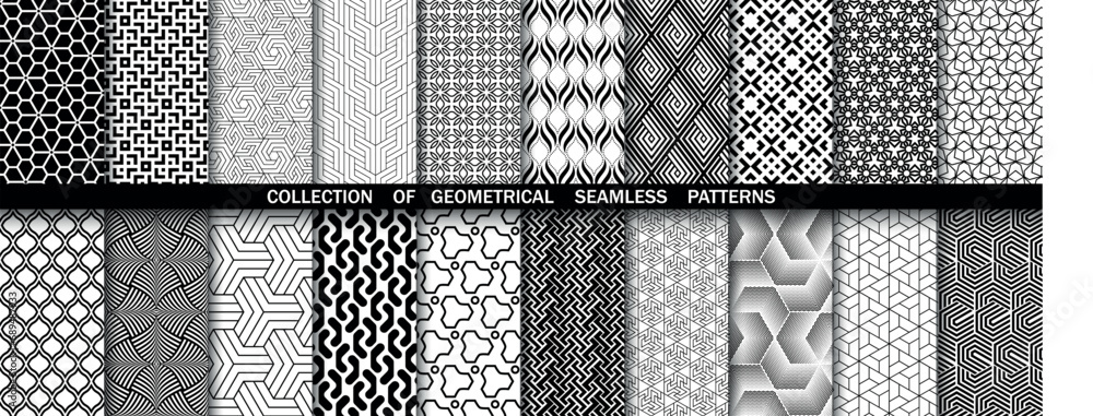 Wall mural geometric set of seamless black and white patterns. simple vector graphics