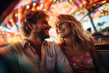 joyous couple smiling in a carnival with colorful cars - obrazy, fototapety, plakaty