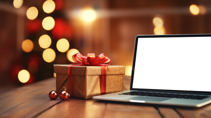 Delivered parcel box on table with laptop blurred home background. Christmas Online shopping. Black Friday sale.