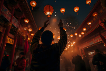 Fototapeta na wymiar chinese new year lanterns, chinese new year dragon, fireworks in the city, wallpaper and social media background for china newyears festival
