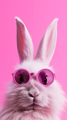 Anthropomorphic  easter bunny rabbit  with glasses on pink background. Easter holiday concept.
