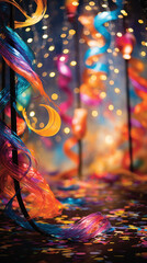 An otherworldly display of lanterns and ribbons cascading in a mystical flow, creating a fantasy scene filled with color and light.