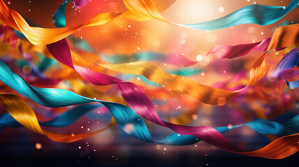 Close-up of flowing ribbons in festive colors with golden lights, setting a scene of warmth and vibrant celebration.