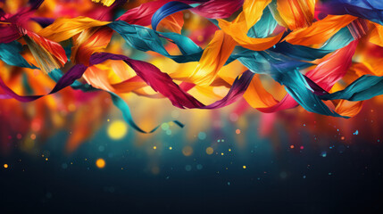 A dynamic dance of colorful ribbons and sparkles captured in motion, symbolizing energy, joy, and festive excitement.