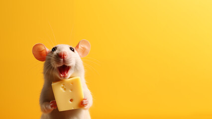 White rat holding a piece of cheese on a yellow background. - obrazy, fototapety, plakaty