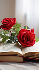 Two red roses rest gently on an open book, bathed in soft light, invoking a mood of romantic contemplation and serene reading.