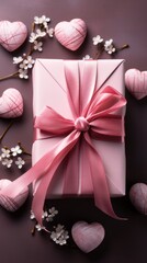  Pastel pink gift box adorned with a satin ribbon and delicate cherry blossoms, a serene presentation for tender moments and thoughtful gestures.