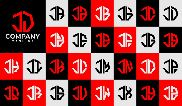 Set of line heptagon abstract letter J JJ logo design