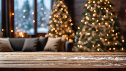 Wood table top with blurry christmas tree with blurry background for display products.