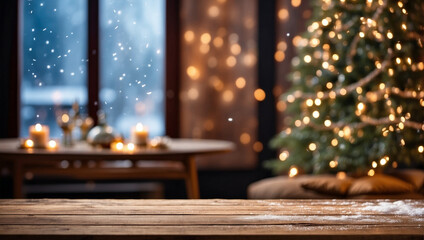 Wood table top with blurry christmas tree with blurry background for display products.