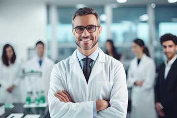 young man scientist wearing white coat and glasses  with team of specialists on background - Powered by Adobe