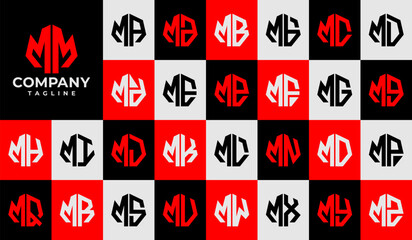 Set of line heptagon abstract letter M MM logo design - obrazy, fototapety, plakaty