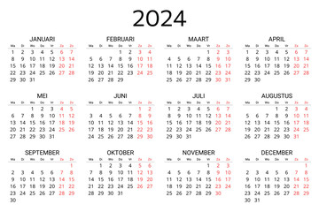 2024 dutch calendar. Printable, editable vector illustration for Dutch. months year kalender. - obrazy, fototapety, plakaty