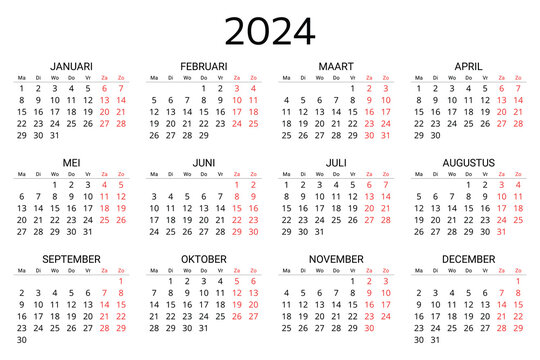 2024 Dutch Calendar. Printable, Editable Vector Illustration For Dutch. Months Year Kalender.