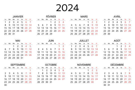 2024 French Calendar. Printable, Editable Vector Illustration For France. 12 Months Year Calendrier