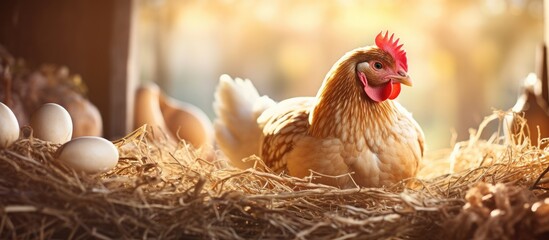 Hen in a nest with straw, in a wooden coop, surrounded by eggs and sunshine.