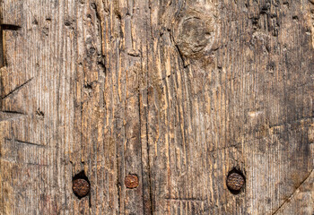 Old wood texture with nails and scratches. An old rough worn wooden board.
