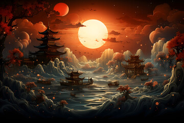 chinese new year lanterns, chinese new year dragon, fireworks in the city, wallpaper and social media background for china newyears festival