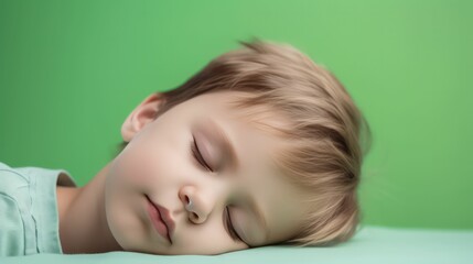 Obraz na płótnie Canvas Cute europe's little boy lying on floor sleeping with closed eyes in light green color background generative ai