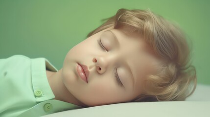 Obraz premium Cute europe's little boy lying on floor sleeping with closed eyes in light green color background generative ai
