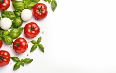 Fototapeta premium Tomatoes, basil and mozzarella cheese on a white background, top view
