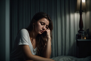 Lonely young woman feeling depressed and stressed sitting head in hands in the dark bedroom