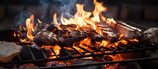 Cooking barbecue over burning firewood and coals.