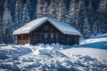 wooden house in the mountains and snow