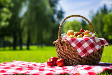 Red and white checkerboard cloth in the park with picnic foods