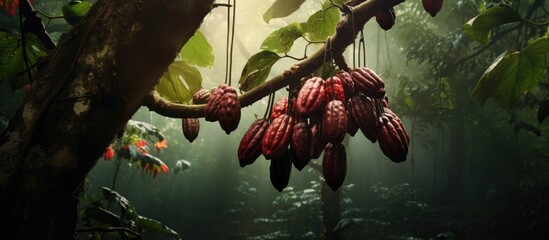Cacao tree bearing cocoa chocolate. - obrazy, fototapety, plakaty
