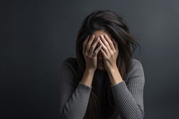 Depressed woman, dark background, mental health advertisement concept