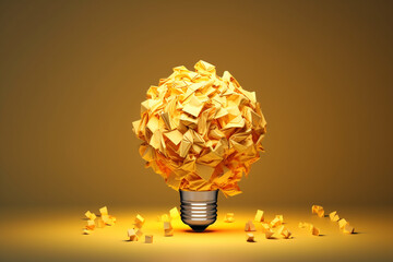 Light bulb made of yellow scrap paper ball, creative thinking concept - obrazy, fototapety, plakaty