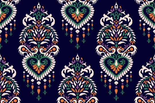 Ikat floral paisley embroidery on black background.Ikat ethnic oriental seamless pattern traditional.Aztec style abstract vector illustration.design for texture,fabric,clothing,wrapping,decoration.