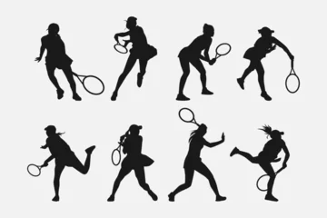 Fotobehang set of female tennis players silhouettes. various different poses, gestures. isolated on white background. vector illustration. © Irkhamsterstock